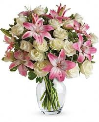 White Rose And  Pink Lilies Vase Arrangement 