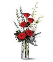 5 Red Roses In Glass Vase