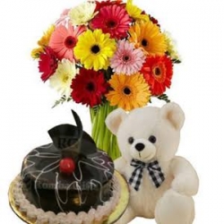  Combo Of Flower Bouquet With Teddy And Cake 