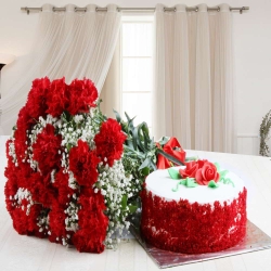 Red Velvet Cake And Red Carnation Bouquet 