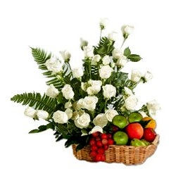 White Roses Bouquet And Fresh Fruit Combo