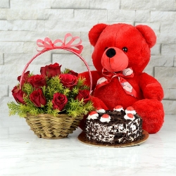 Roses Bouquet Teddy And Cake Combo