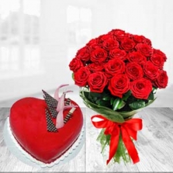  Red Roses Bouquet And Heart Shape Cake