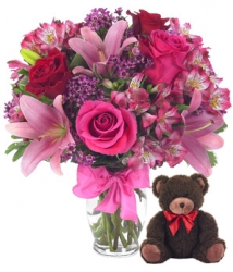 Mix Flower Bouquet And Teddy Combo