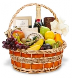 Basket Arrangement Of Fresh Fruit And Champagne 