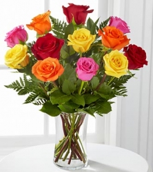 24 Mixed Color Roses In Vase