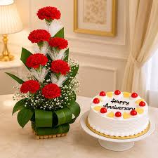 7 Red Carnations Basket with Half kg Eggless Pineapple Cake - Anniversary Combo