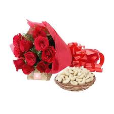 A bouquet of red roses and a crunchy cashew nut