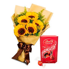A bouquet of sunflowers and Lindt chocolate