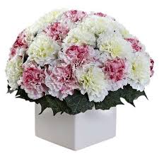 A White box filled with pink and white carnations