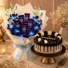 Adorable Blue orchid and Chocolates Bouquet with Eggless Chocolate cake