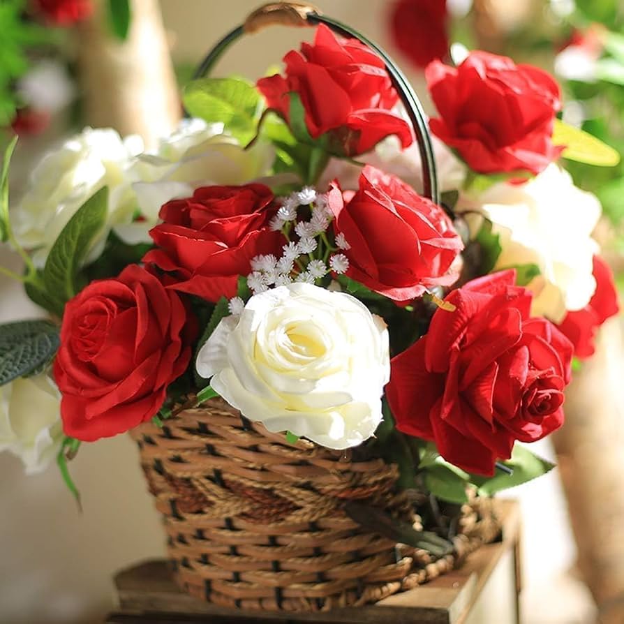 Artificial Red and White Roses arranged in a Basket for Wife