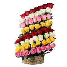Assorted colored roses in a basket
