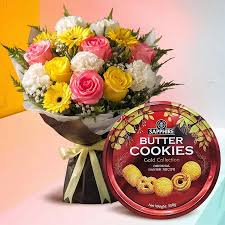 Assorted Flower Bouquet & Sapphire Butter Cookies
