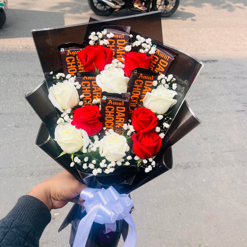 Astonishing Red and White floral and Amul Dark Chocolate bouquet