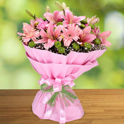Astounding Pink Lilies with Pink Gerberas Bouquet