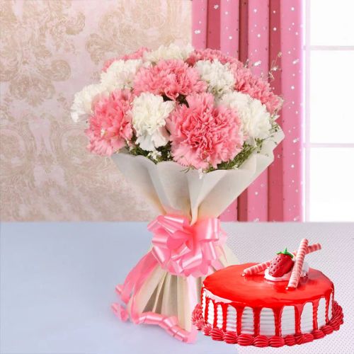 Attractive White & Pink Carnations bouquet paired with Strawberry cake
