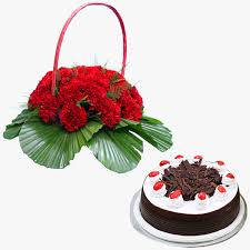 Basket Arrangement of Red Carnations & Black Forest cake
