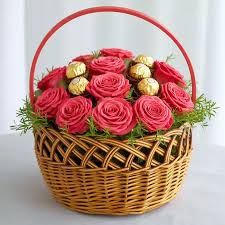 Basket arrangement paired with Pink Roses and 8 pcs Ferrero Rocher