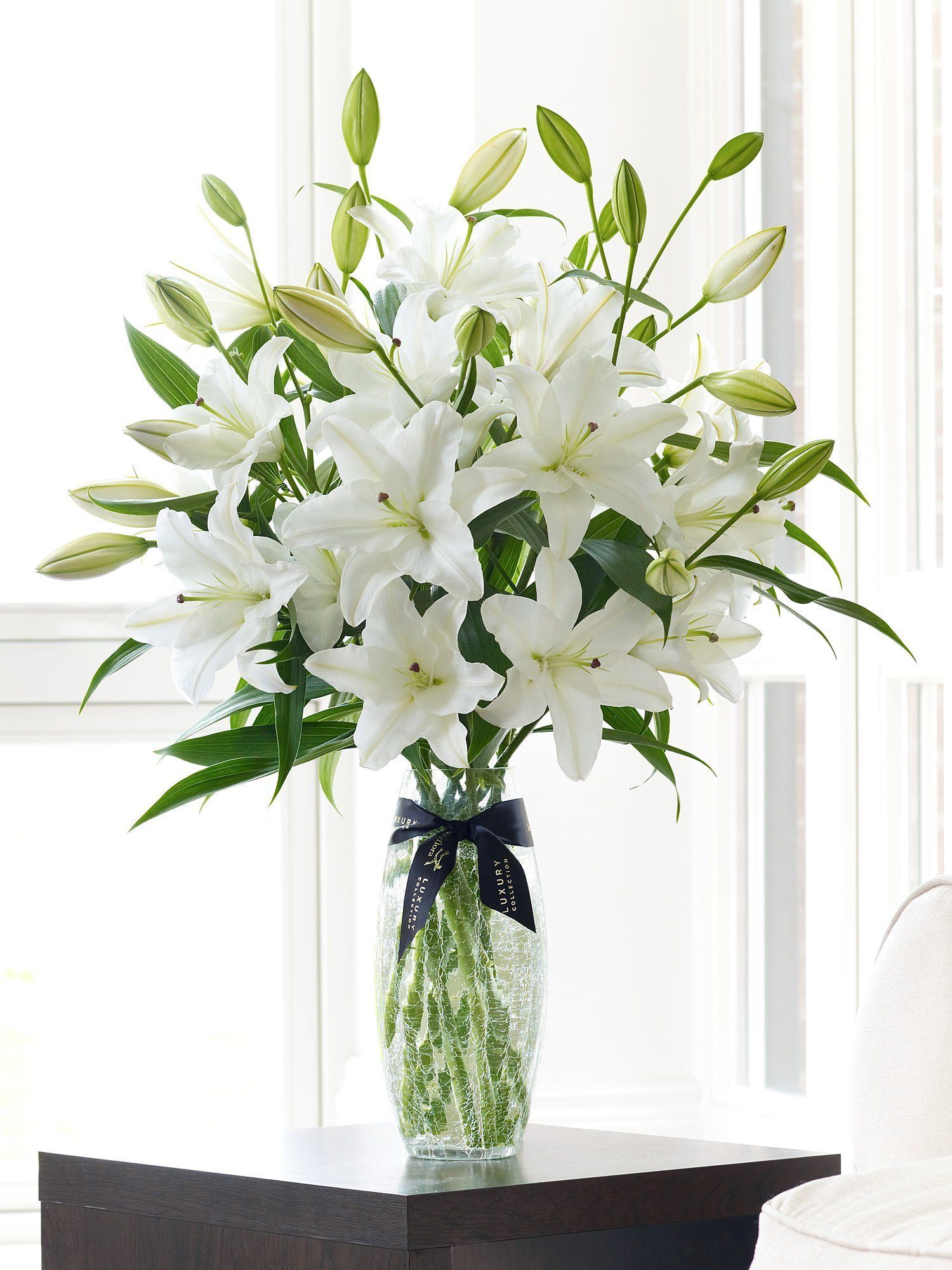 Beautiful white lilies in a glass vase
