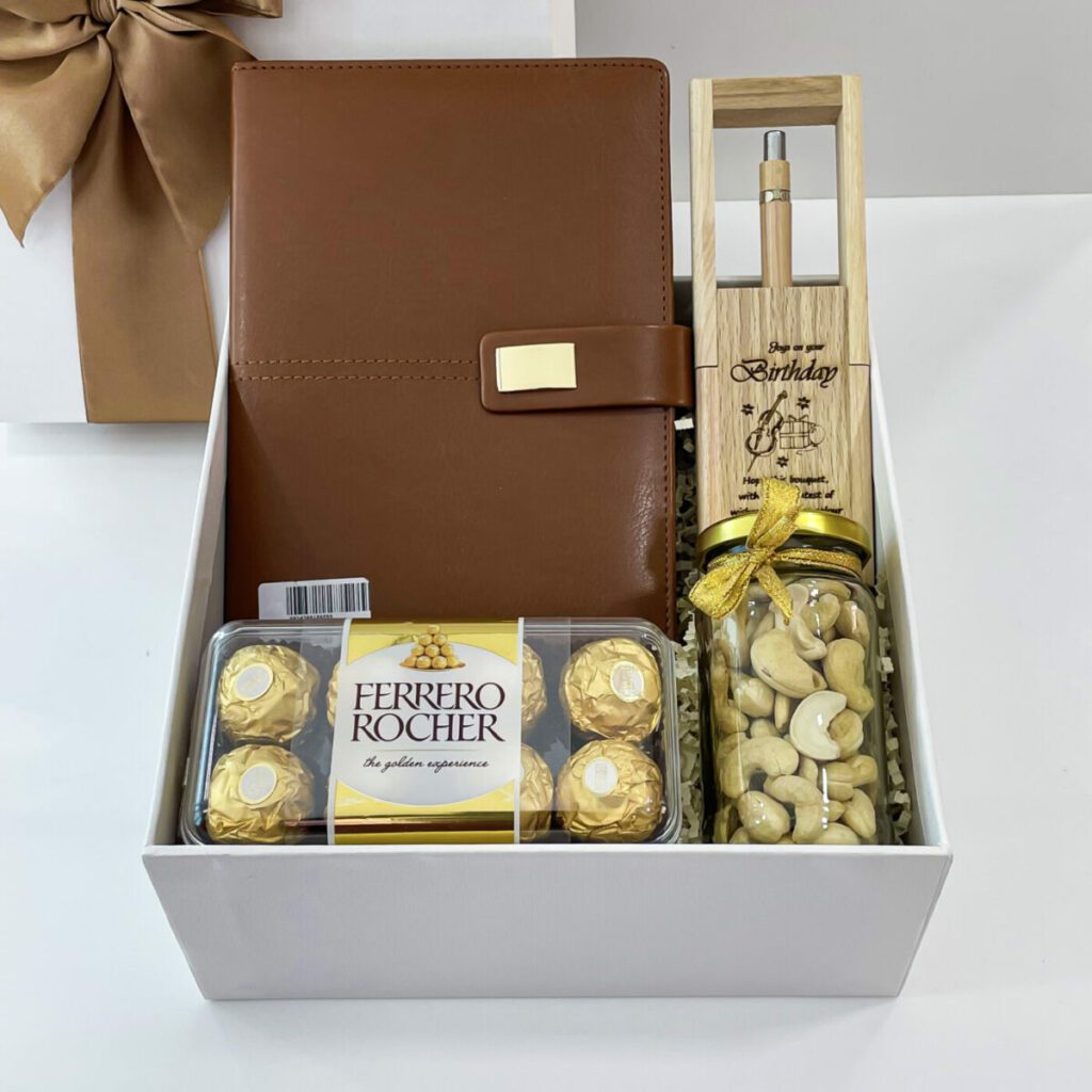 Birthday Combo Diary, Pen, Rocher Chocolate, Cashew Nuts, and Pens Stand