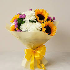 Blazing Sunflowers with White Chrysanthemum Bouquet
