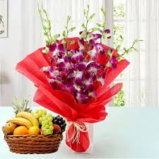 Blue Orchid Bouquet paired with Nutritious Fresh Fruit