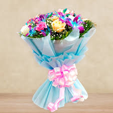 Blue Orchids with Pink, Yellow, and White Rose Bouquet