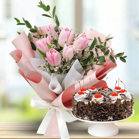 Breathtaking Pink Tulip Bouquet with Black Forest cake