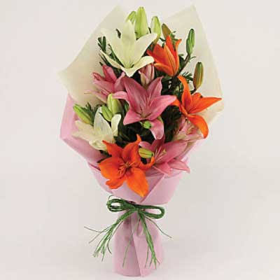 Bright White, Orange, and Pink Lilies Bouquet