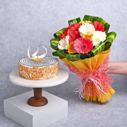 Butterscotch cake 500 Grams with 12 Multicolor Gerbera Bouquet