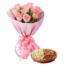 Captivating Pink Roses Bouquet with Diverse Dry fruits combo