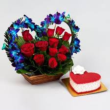 Charming blue orchids and red roses basket arrangement with heart-shaped red velvet cake