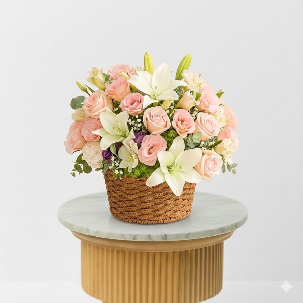 Charming light pink roses with white lilies fused in a basket