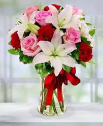 Charming White Lilies Pink Roses & Red Roses in vase