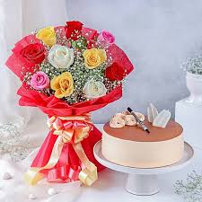 Cheerful Multicolored Roses Bouquet with Moreish Butterscotch Cake
