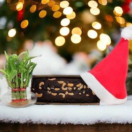 Christmas Gift Hamper | Plum Cake, 2-Layer Bamboo Plant & Santa Cap