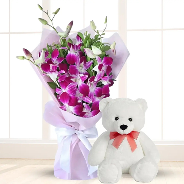 Classic Blue Orchid bouquet & Cute Teddy