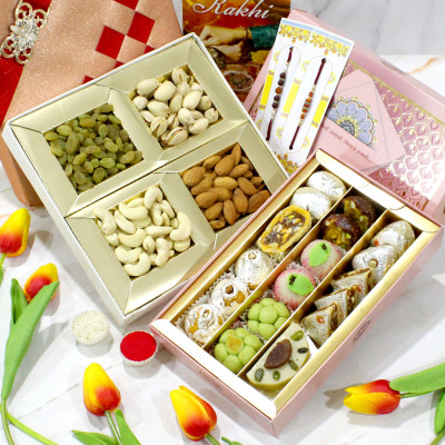 Delicious Assorted Mithai with Dry Fruits and Fancy Rakhi