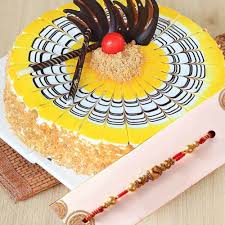 Delicious Butterscotch cake with Rudraksha Rakhi