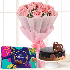 Delicious Chocolate Cake and Chocolate Box in an Exotic Combination with Pink Carnations