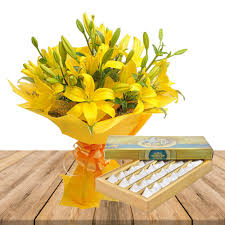 Delicious Kaju Katli   with Yellow Lilies Bouquet
