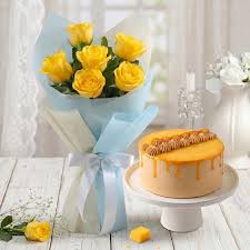 Delicious Mango Cream Cake with a Yellow Rose Bouquet