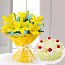 Delicious Pineapple Cake with Yellow Lilies Bouquet.