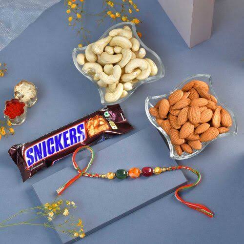 Designer Rakhi with Luscious Snicker Chocolate and Dry Fruit medley