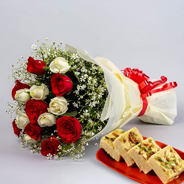 Desirable Soan Papdi combines with Red and White Roses bouquet