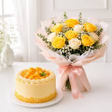 Distinguished White and Yellow Roses Bouquet with Yummy Mango cake
