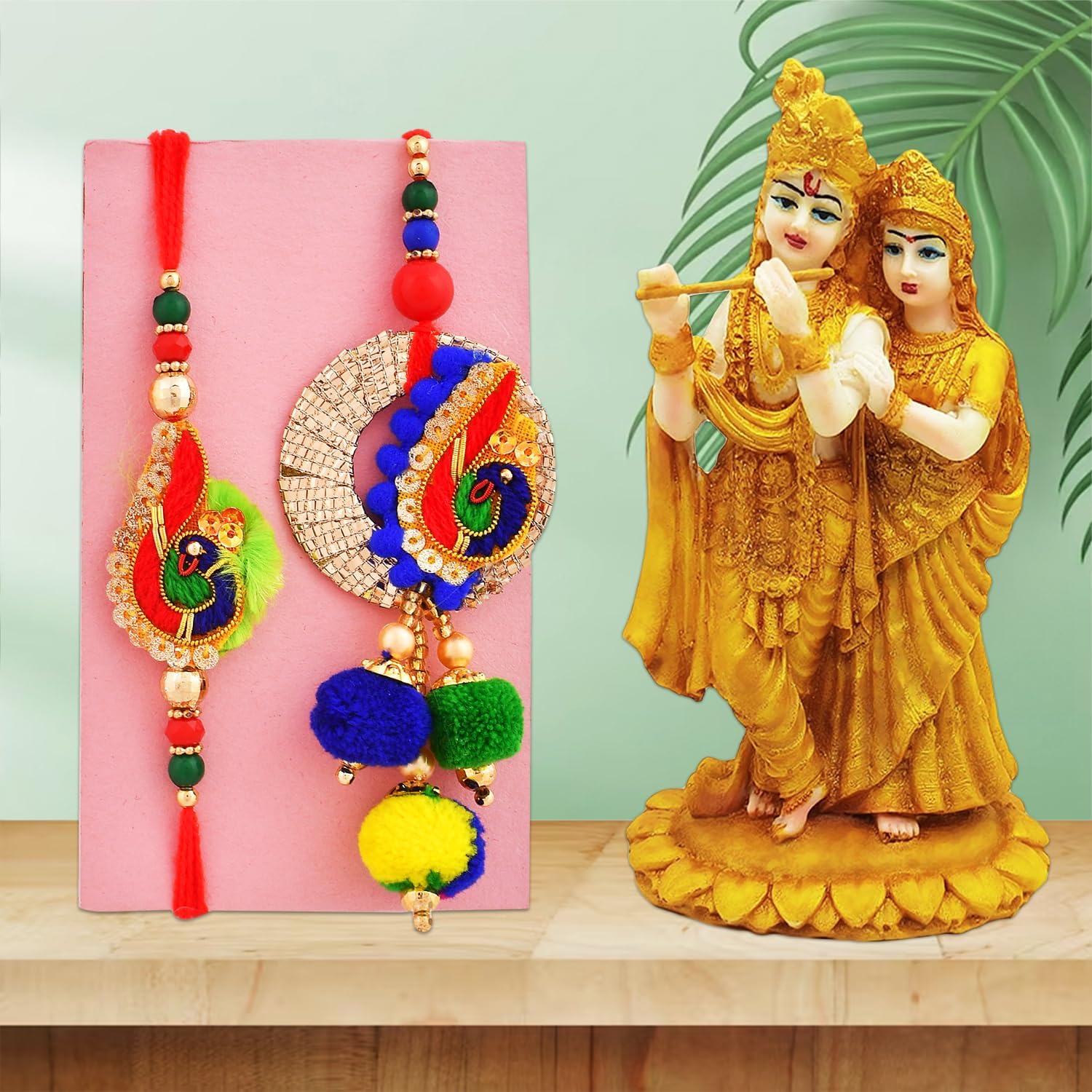 Divine Radha Krishna Statue Paired with Fancy Rakhi's
