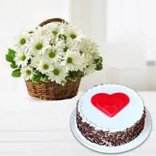 Eggless Black Forest cake and a pure white gerbera bouquet