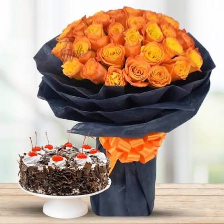 Eggless Black Forest Cake & Fresh Orange Roses Bouquet Combo | Premium Flower with Cake Delivery Gift Set